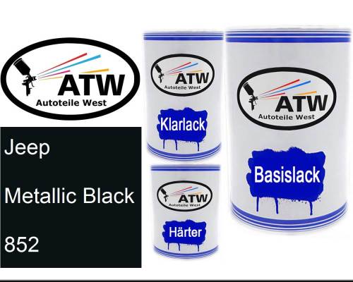 Jeep, Metallic Black, 852: 500ml Lackdose + 500ml Klarlack + 250ml Härter - Set, von ATW Autoteile West.